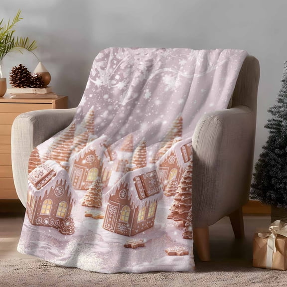 Throw Blanket Fleece Throw Blanket 50x60in, Xmas Tree Ginger Bread House Soft Lightweight Bed Blankets Winter Pink Snowflake Fuzzy Couch Blankets for All Season