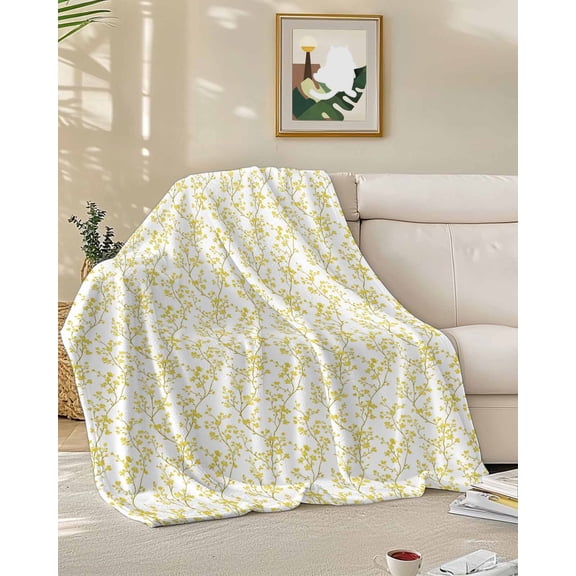 Throw Blanket Fleece Throw Blanket 50x60in, Yellow Floral Vine Texture Soft Lightweight Bed Blankets Elegant Flower Fuzzy Couch Blankets for All Season