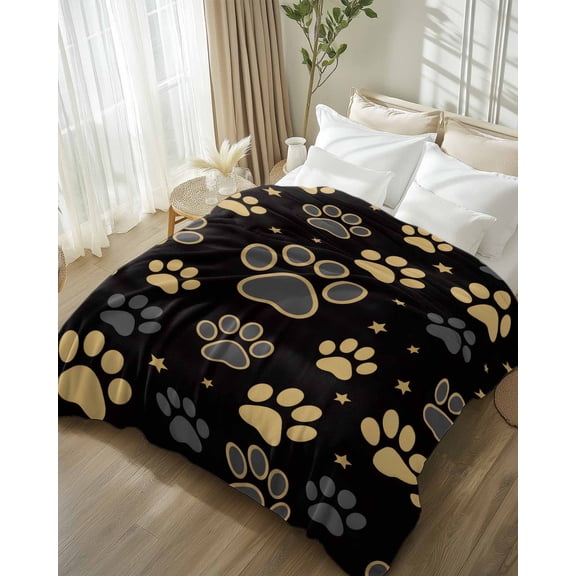 Throw Blanket Fleece Throw Blanket 50x60in, Yellow Gray Cat Paw Cute Soft Lightweight Bed Blankets Abstract Animal Footprint Fuzzy Couch Blankets for All Season