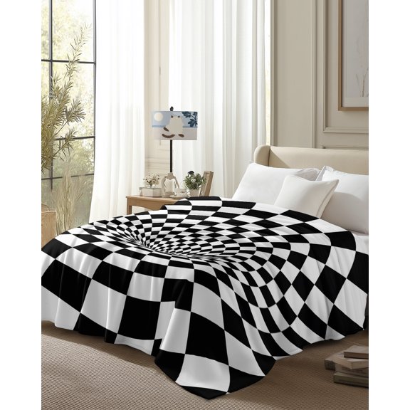 Throw Blanket Fleece Throw Blanket 50x80in, 3D Checkerboard Tunnel Soft Lightweight Bed Blankets Black White Optical Illusion Fuzzy Couch Blankets for All Season
