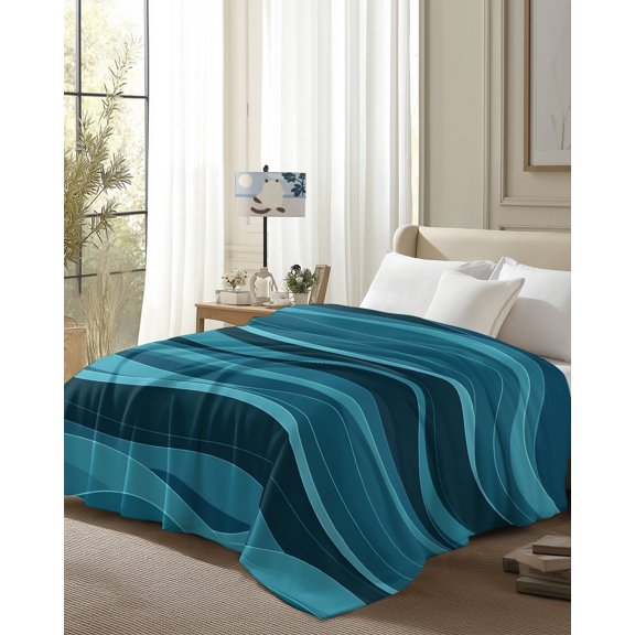 Throw Blanket Fleece Throw Blanket 50x80in, Abstract Blue Gradient Stripe Soft Lightweight Bed Blankets Modern Ombre Water Ripple Fuzzy Couch Blankets for All Season