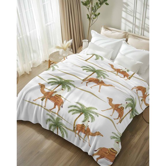 Throw Blanket Fleece Throw Blanket 50x80in, Abstract Brown Camels Palm-trees Soft Lightweight Bed Blankets Vintage Deserts Fuzzy Couch Blankets for All Season