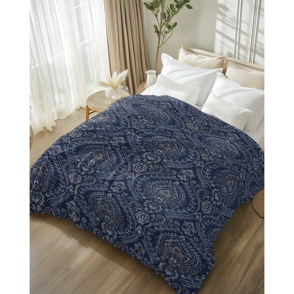 Throw Blanket Fleece Throw Blanket 50x80in, Baroque Dark Blue Retro Floral Texture Soft Lightweight Bed Blankets Ethnic Bohemian Pattern Fuzzy Couch Blankets for All Season