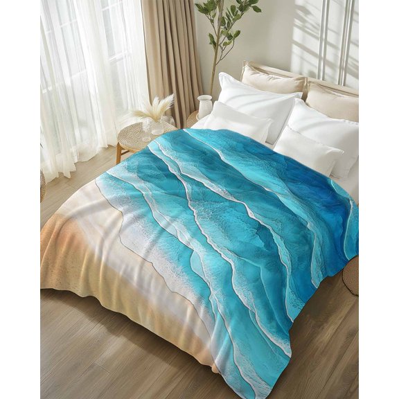 Throw Blanket Fleece Throw Blanket 50x80in, Blue Beige Gradient Ocean Wave Soft Lightweight Bed Blankets Sea Stripe Water Ripple Fuzzy Couch Blankets for All Season