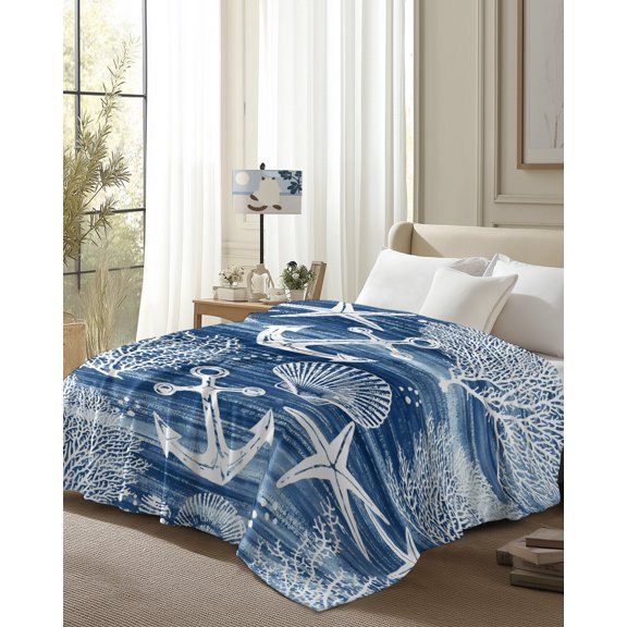 Throw Blanket Fleece Throw Blanket 50x80in, Blue Ocean Anchor Coral Shell Soft Lightweight Bed Blankets Gradient Stripes Waves Fuzzy Couch Blankets for All Season