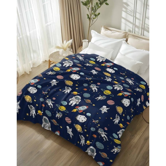 Throw Blanket Fleece Throw Blanket 50x80in, Cartoon Rocket Space Planet Soft Lightweight Bed Blankets Mysterious Universe Navy Blue Fuzzy Couch Blankets for All Season