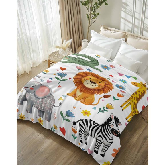 Throw Blanket Fleece Throw Blanket 50x80in, Children's Day Lion Elephant Soft Lightweight Bed Blankets Giraffe Zebra Crocodile Fuzzy Couch Blankets for All Season