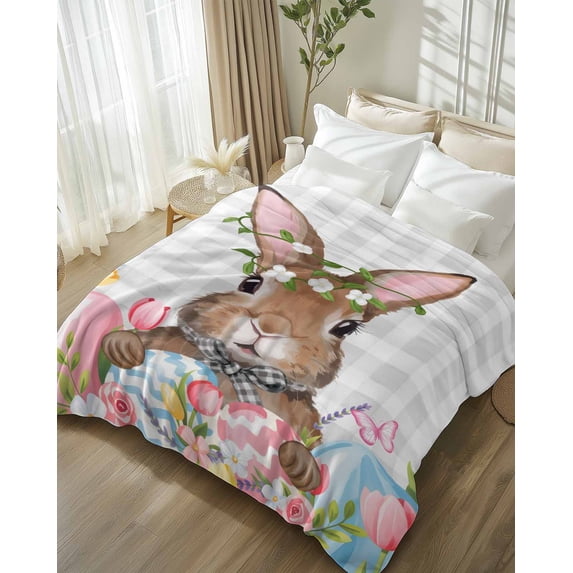 Throw Blanket Fleece Throw Blanket 50x80in, Cute Easter Brown Bunny Soft Lightweight Bed Blankets Pink Flowers Tulips Eggs Fuzzy Couch Blankets for All Season