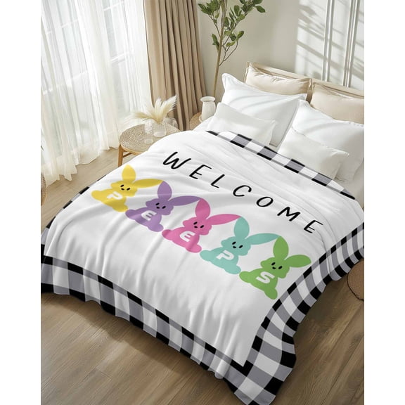 Throw Blanket Fleece Throw Blanket 50x80in, Easter Colorful Cartoon Rabbit Peeps Soft Lightweight Bed Blankets Quote and White Black Lattice Fuzzy Couch Blankets for All Season