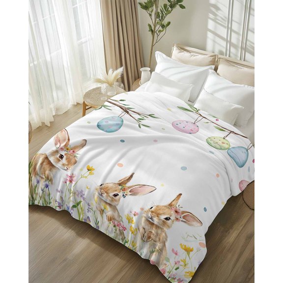 Throw Blanket Fleece Throw Blanket 50x80in, Easter Cute Rabbit Flower on White Soft Lightweight Bed Blankets Hanging Colorful Egg Fuzzy Couch Blankets for All Season