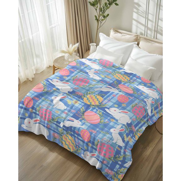 Throw Blanket Fleece Throw Blanket 50x80in, Easter Egg Bunny Country Herb Soft Lightweight Bed Blankets Farm Rabbit Gingham Check Fuzzy Couch Blankets for All Season