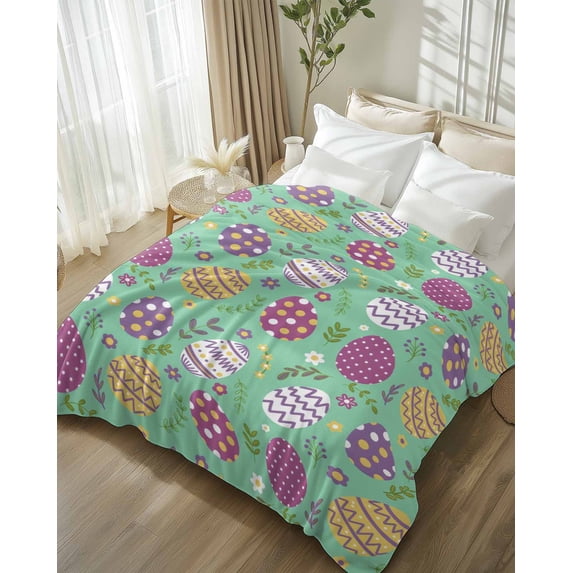 Throw Blanket Fleece Throw Blanket 50x80in, Easter Eggs Colorful Floral Soft Lightweight Bed Blankets Retro Spring Green Back Fuzzy Couch Blankets for All Season