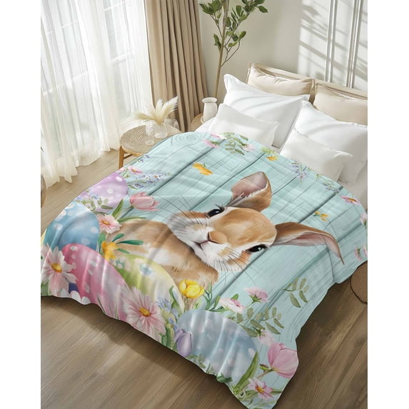 Throw Blanket Fleece Throw Blanket 50x80in, Easter Farm Rabbit Colorful Eggs Soft Lightweight Bed Blankets Spring Flower Leaf Teal Wood Fuzzy Couch Blankets for All Season