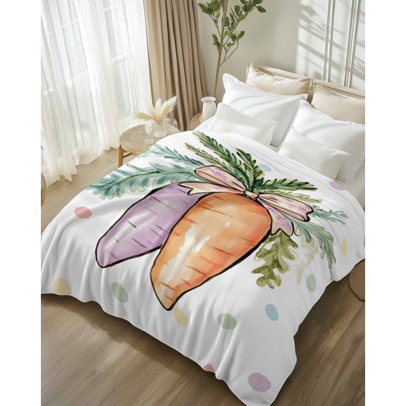 Throw Blanket Fleece Throw Blanket 50x80in, Easter Watercolor Carrot with Bow Soft Lightweight Bed Blankets Colorful Polka Dot on White Fuzzy Couch Blankets for All Season