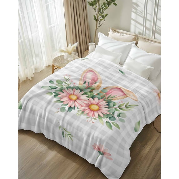 Throw Blanket Fleece Throw Blanket 50x80in, Easter Watercolor Rabbit Ears Soft Lightweight Bed Blankets Flowers on Gray Checker Grid Fuzzy Couch Blankets for All Season