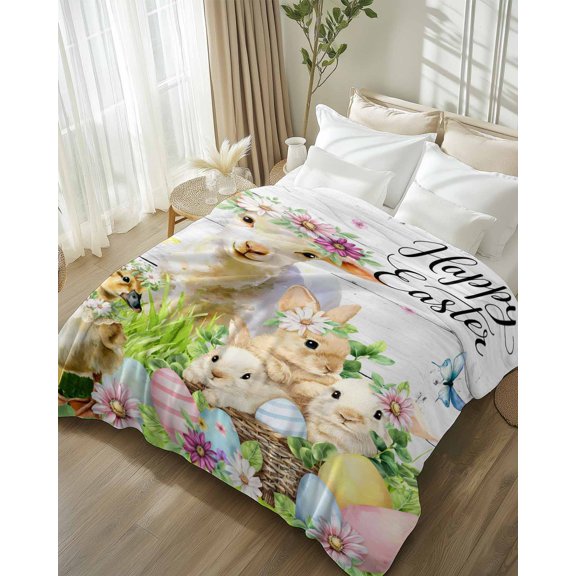 Throw Blanket Fleece Throw Blanket 50x80in, Farm Bunny Easter Egg White Plank Soft Lightweight Bed Blankets Sheep Meadow Floral Fuzzy Couch Blankets for All Season