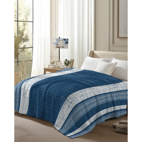 Throw Blanket Fleece Throw Blanket 50x80in, Farm Retro Linen Burlap Texture Soft Lightweight Bed Blankets Geometric Navy Blue Stripes Fuzzy Couch Blankets for All Season