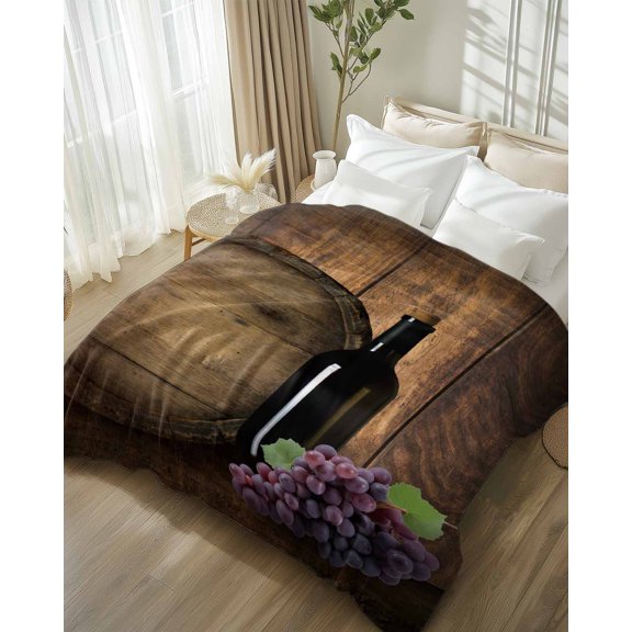 Throw Blanket Fleece Throw Blanket 50x80in, Farm Wine Glass Grapes Fruit Vintage Wooden Barrel Soft Lightweight Bed Blankets Retro Brown Plank Fuzzy Couch Blankets for All Season