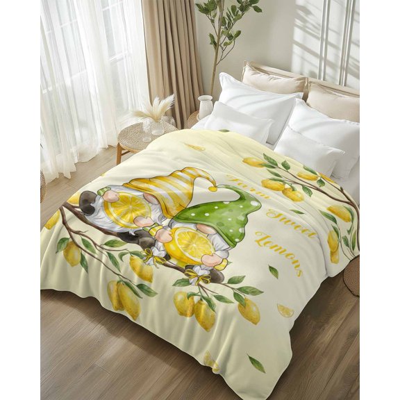 Throw Blanket Fleece Throw Blanket 50x80in, Farmhouse Gnome Lemon Tree Soft Lightweight Bed Blankets Summer Dwarf Yellow Fruit Fuzzy Couch Blankets for All Season