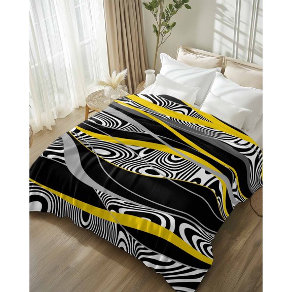 Throw Blanket Fleece Throw Blanket 50x80in, Gradient Ripples Yellow Black Stereo Abstract Line Soft Lightweight Bed Blankets Psychedelic Texture Fuzzy Couch Blankets for All Season