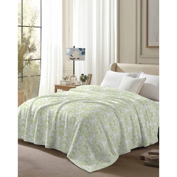 Throw Blanket Fleece Throw Blanket 50x80in, Green Baroque Pattern Soft Lightweight Bed Blankets Rustic European Flower Texture Fuzzy Couch Blankets for All Season