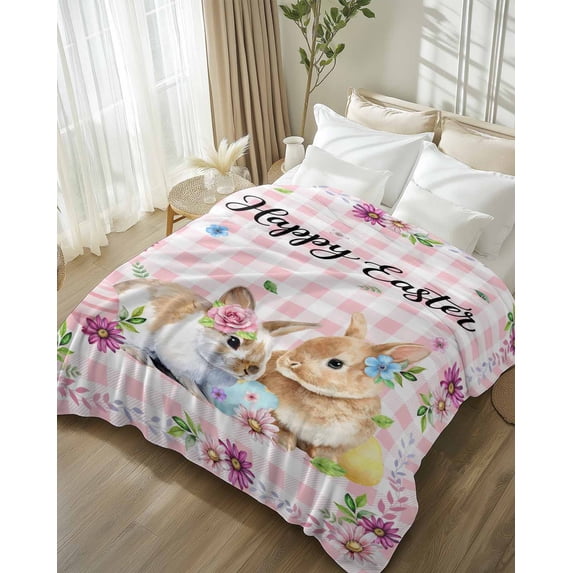 Throw Blanket Fleece Throw Blanket 50x80in, Happy Easter Bunnies Flowers Soft Lightweight Bed Blankets Pink White Plaid Fuzzy Couch Blankets for All Season