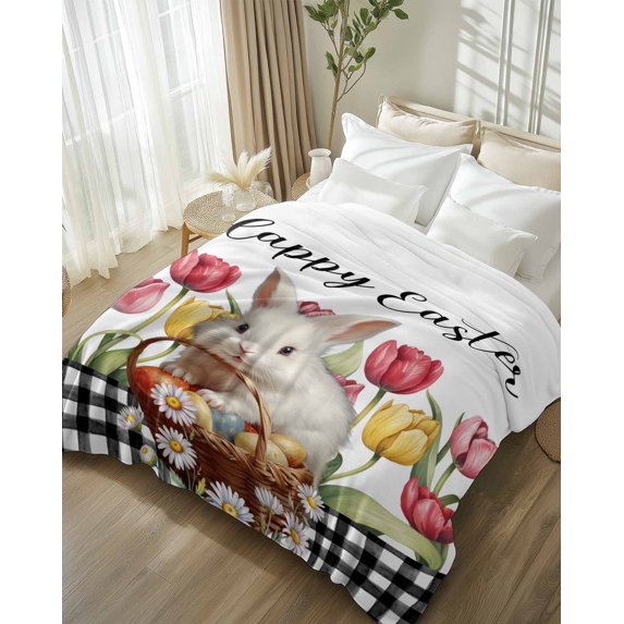 Throw Blanket Fleece Throw Blanket 50x80in, Happy Easter Cute Rabbit Tulip Daisy Eggs Soft Lightweight Bed Blankets Spring Black Plaid Fuzzy Couch Blankets for All Season