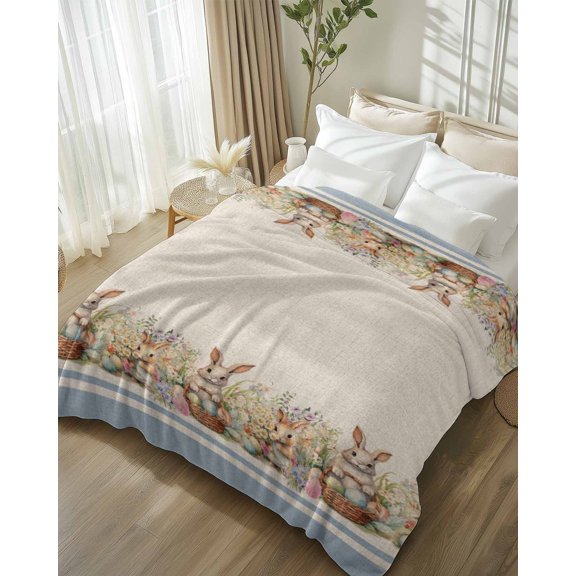 Throw Blanket Fleece Throw Blanket 50x80in, Happy Easter Farm Cute Rabbit Soft Lightweight Bed Blankets Spring Flower Egg on Burlap Fuzzy Couch Blankets for All Season