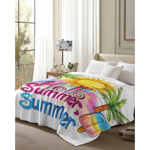 Throw Blanket Fleece Throw Blanket 50x80in, Hello Summer Text Sun Palm Tree Soft Lightweight Bed Blankets Colorful Ocean Seaside Theme Fuzzy Couch Blankets for All Season