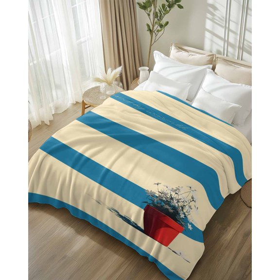 Throw Blanket Fleece Throw Blanket 50x80in, Light Yellow Blue Striped Soft Lightweight Bed Blankets Potatoes Illustrations Fuzzy Couch Blankets for All Season