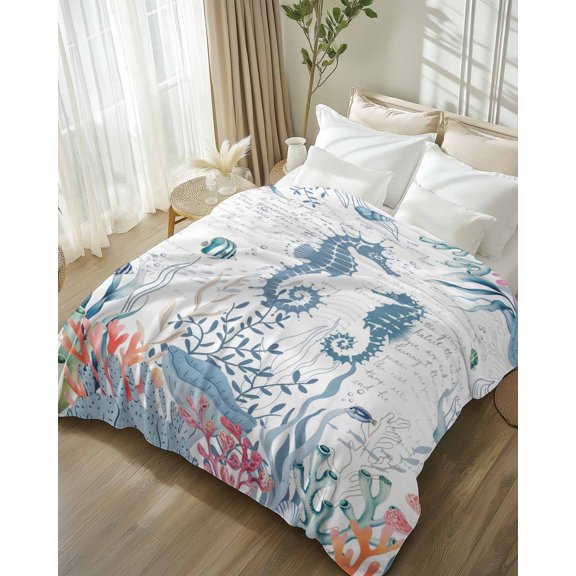 Throw Blanket Fleece Throw Blanket 50x80in, Marine Life Seahorses Fish Soft Lightweight Bed Blankets Watercolor Corals Fuzzy Couch Blankets for All Season