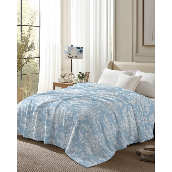 Throw Blanket Fleece Throw Blanket 50x80in, Mid Century Turkish Pattern on Blue Soft Lightweight Bed Blankets Abstract Retro Style Fuzzy Couch Blankets for All Season