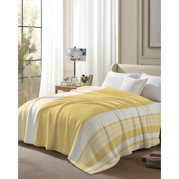 Throw Blanket Fleece Throw Blanket 50x80in, Minimalist Geometric Yellow Stripe Soft Lightweight Bed Blankets Farmhouse Burlap Linen Fuzzy Couch Blankets for All Season