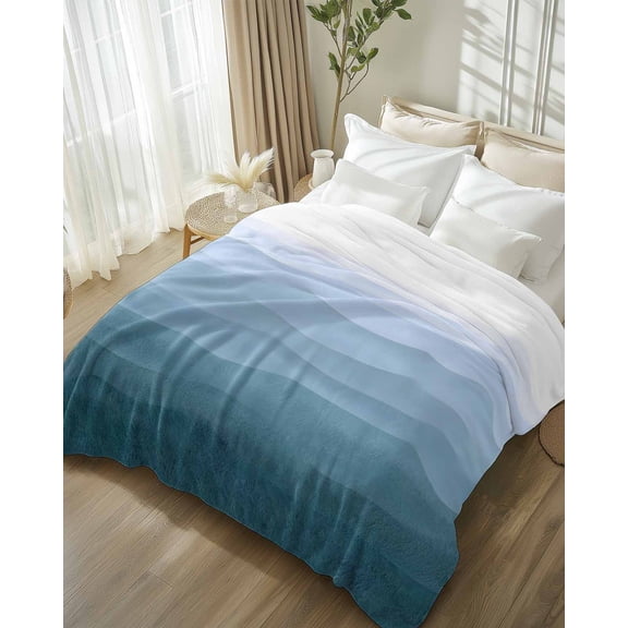 Throw Blanket Fleece Throw Blanket 50x80in, Modern Blue Gradient Stripe Soft Lightweight Bed Blankets Minimalist Ombre Water Ripple Fuzzy Couch Blankets for All Season