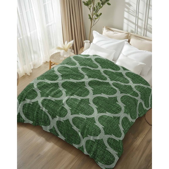 Throw Blanket Fleece Throw Blanket 50x80in, Moroccan Dark Green Geometric Soft Lightweight Bed Blankets Medieval Ethnic Pattern Fuzzy Couch Blankets for All Season