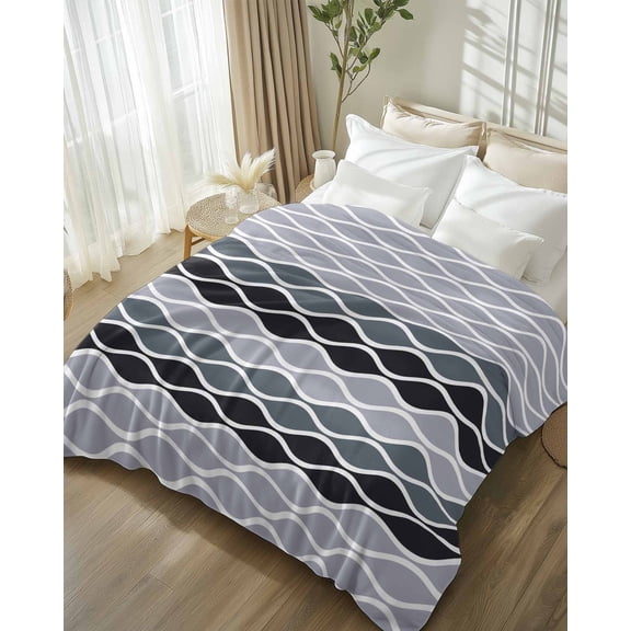 Throw Blanket Fleece Throw Blanket 50x80in, Moroccan Texture White Wave Stripe Soft Lightweight Bed Blankets Black Dusty Purple Fuzzy Couch Blankets for All Season