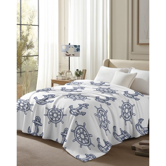 Throw Blanket Fleece Throw Blanket 50x80in, Nautical Anchor Ship Rudder Soft Lightweight Bed Blankets Summer Ocean Theme Blue White Fuzzy Couch Blankets for All Season
