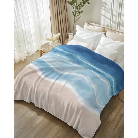 Throw Blanket Fleece Throw Blanket 50x80in, Navy Blue Gradient Ocean Wave Soft Lightweight Bed Blankets Seaside Water Stripe Fuzzy Couch Blankets for All Season