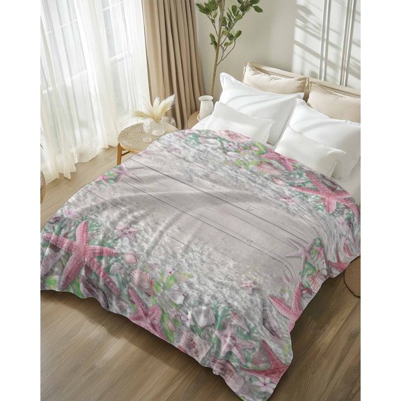 Throw Blanket Fleece Throw Blanket 50x80in, Pink Starfish Summer Beach Shell Soft Lightweight Bed Blankets Country Wooden Plank Fuzzy Couch Blankets for All Season