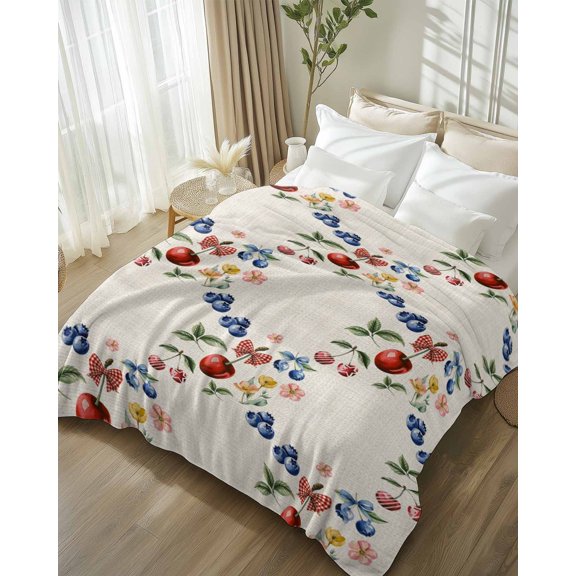 Throw Blanket Fleece Throw Blanket 50x80in, Retro Blueberry Cherry Flowers Leaves Soft Lightweight Bed Blankets Spring Summer Plants Fuzzy Couch Blankets for All Season