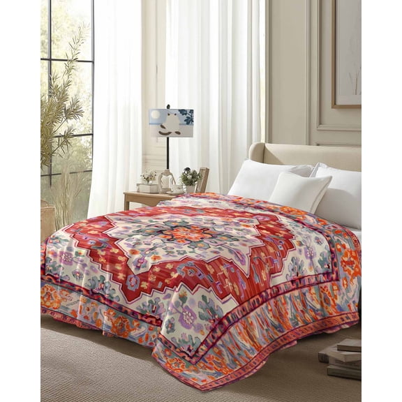 Throw Blanket Fleece Throw Blanket 50x80in, Retro Medieval Turkish Pattern Soft Lightweight Bed Blankets Classic Ethnic Flower Fuzzy Couch Blankets for All Season