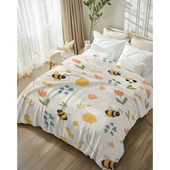 Throw Blanket Fleece Throw Blanket 50x80in, Retro Spring Flowers Bees Soft Lightweight Bed Blankets Farm Floral Art on Linen Fuzzy Couch Blankets for All Season