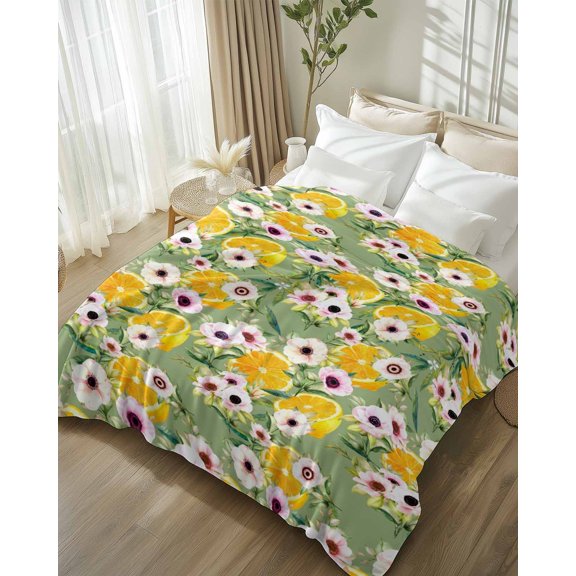 Throw Blanket Fleece Throw Blanket 50x80in, Retro Summer Lemon Mountain Tea Flower Soft Lightweight Bed Blankets Spring Plant Fuzzy Couch Blankets for All Season