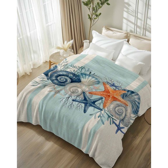 Throw Blanket Fleece Throw Blanket 50x80in, Retro Summer Sea Stars Shells Corals Soft Lightweight Bed Blankets Blue Striped Fuzzy Couch Blankets for All Season