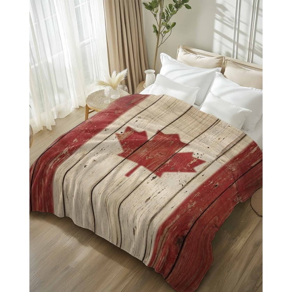 Throw Blanket Fleece Throw Blanket 50x80in, Retro Wooden Stripes Maple Leafs Soft Lightweight Bed Blankets Country Red Brown Plank Fuzzy Couch Blankets for All Season