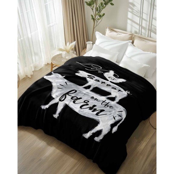 Throw Blanket Fleece Throw Blanket 50x80in, Rustic Animals Cow Pig Chicken Soft Lightweight Bed Blankets Farm Life Quote Black White Fuzzy Couch Blankets for All Season