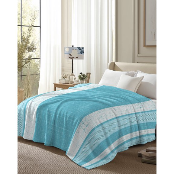 Throw Blanket Fleece Throw Blanket 50x80in, Rustic Aqua Minimalist Stripes Soft Lightweight Bed Blankets Farmhouse Burlap Linen Fuzzy Couch Blankets for All Season