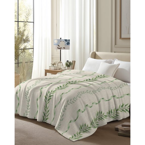 Throw Blanket Fleece Throw Blanket 50x80in, Rustic Botanical Leaves on Burlap Soft Lightweight Bed Blankets Foliage Vines Green Ribbon Fuzzy Couch Blankets for All Season