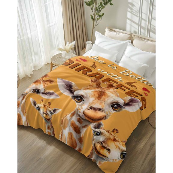 Throw Blanket Fleece Throw Blanket 50x80in, Rustic Farmhouse Giraffe Soft Lightweight Bed Blankets Farm Animal Orange Background Fuzzy Couch Blankets for All Season