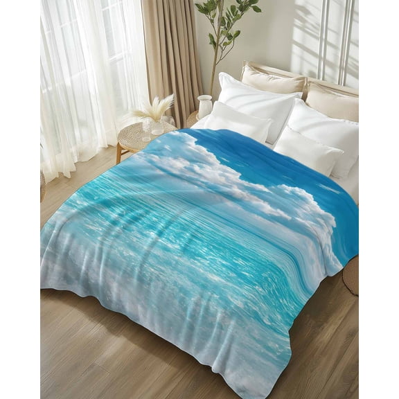 Throw Blanket Fleece Throw Blanket 50x80in, Sea Wave Blue Sky White Clouds Soft Lightweight Bed Blankets Summer Beach Theme Fuzzy Couch Blankets for All Season